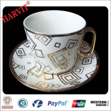 Sale Promotion Ceramic Drinkware Set/ Porcelain Gold Rim Cup Set/ Decal Cup saucers